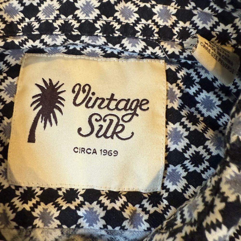 Vintage Silk Mens XL Black White Geometric Diamond Print 100% Silk Shirt S/S - Picture 4 of 7